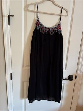 Johnny Was Black Maxi Slip Dress - Pink and Green Embroidery
